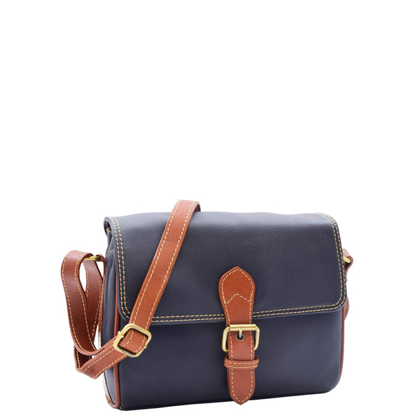 house of leather Women Genuine Leather Crossbody Bag Satchel Saddle Hanna Navy/Tan