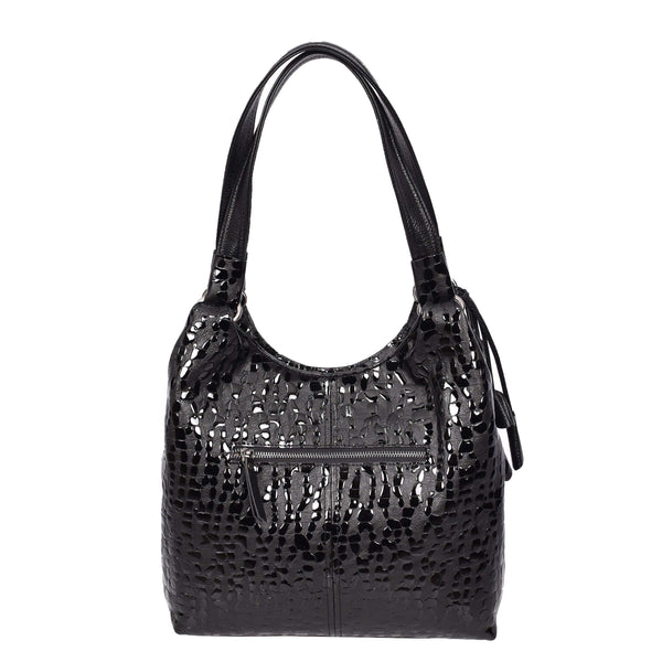 House Of Leather Women's Real Leather Croc-print Shoulder Bag Zip Opening Large Hobo Handbag Kimberly Black