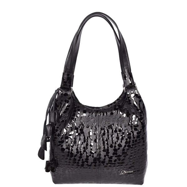 house of leather Women's Real Leather Croc-print Shoulder Bag Zip Opening Large Hobo Handbag Kimberly Black