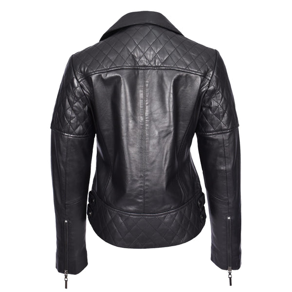 House Of Leather Women's Real Leather Jacket Multi Cross Zip Biker Style Fitted Quilted Nixi Black