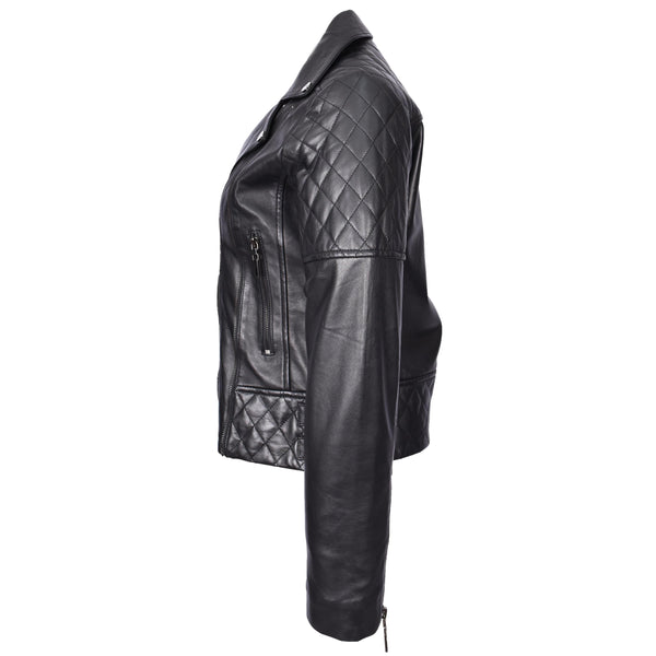 House Of Leather Women's Real Leather Jacket Multi Cross Zip Biker Style Fitted Quilted Nixi Black