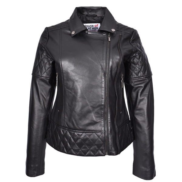 House Of Leather Women's Real Leather Jacket Multi Cross Zip Biker Style Fitted Quilted Nixi Black