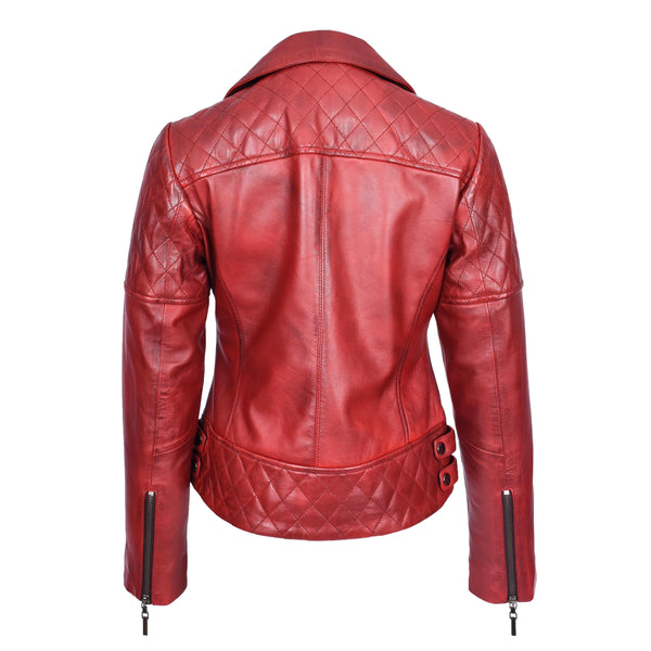 House Of Leather Women's Real Leather Jacket Multi Cross Zip Biker Style Fitted Quilted Nixi Burnish Red
