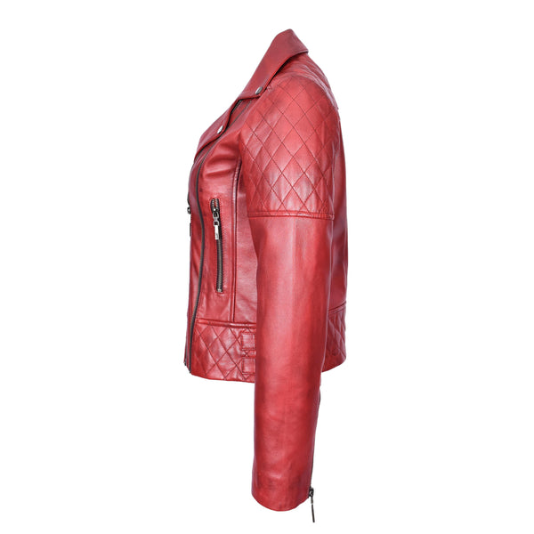 House Of Leather Women's Real Leather Jacket Multi Cross Zip Biker Style Fitted Quilted Nixi Burnish Red