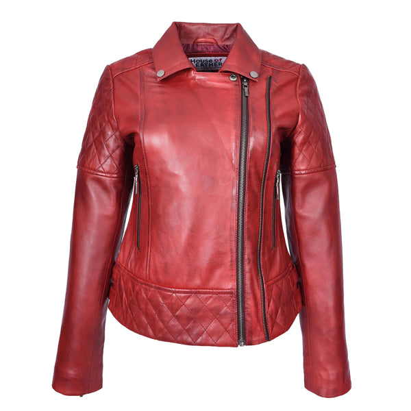 House Of Leather Women's Real Leather Jacket Multi Cross Zip Biker Style Fitted Quilted Nixi Burnish Red