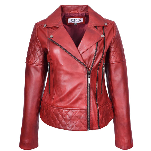 house of leather Women's Real Leather Jacket Multi Cross Zip Biker Style Fitted Quilted Nixi Burnish Red