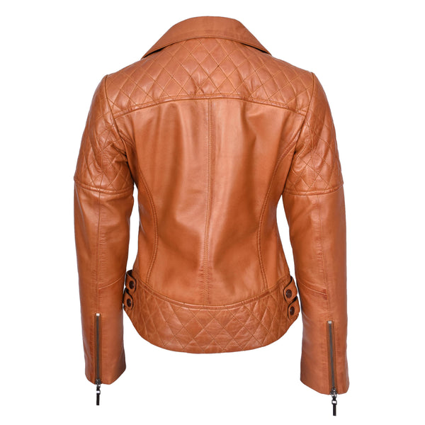 House Of Leather Women's Real Leather Jacket Multi Cross Zip Biker Style Fitted Quilted Nixi Tan