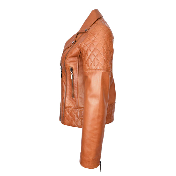 House Of Leather Women's Real Leather Jacket Multi Cross Zip Biker Style Fitted Quilted Nixi Tan