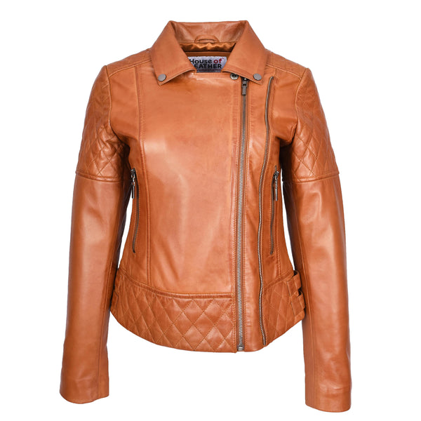 House Of Leather Women's Real Leather Jacket Multi Cross Zip Biker Style Fitted Quilted Nixi Tan