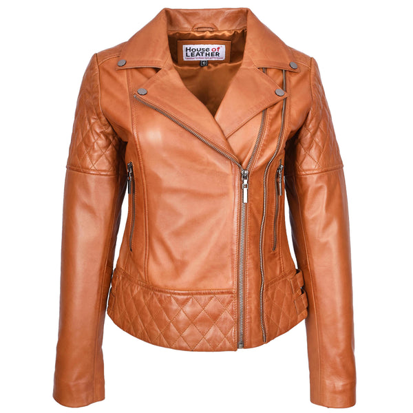 house of leather Women's Real Leather Jacket Multi Cross Zip Biker Style Fitted Quilted Nixi Tan
