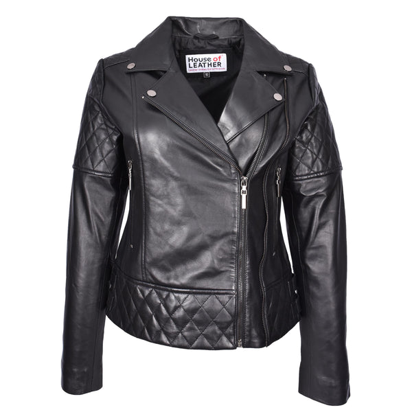 house of leather Women's Real Leather Jacket Multi Cross Zip Biker Style Fitted Quilted Nixi Black