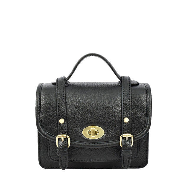 House Of Leather Womens Classic Mini Satchel Handbag Leather Crossbody Purse With Turn-Lock Closure Pipin Black