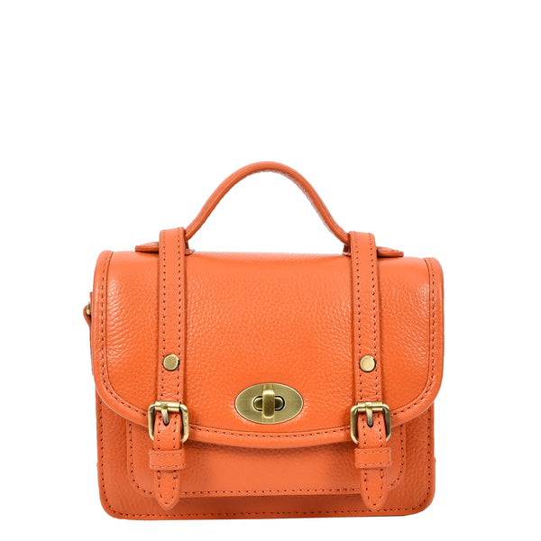 House Of Leather Womens Classic Mini Satchel Handbag Leather Crossbody Purse With Turn-Lock Closure Pipin Orange