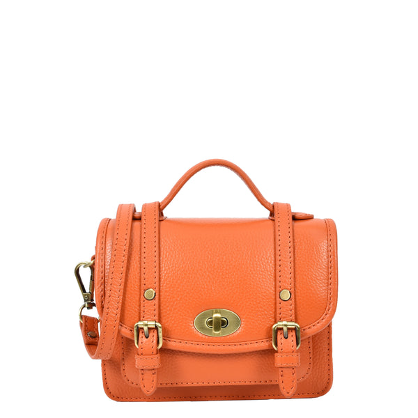 house of leather Womens Classic Mini Satchel Handbag Leather Crossbody Purse with Turn-Lock Closure Pipin Orange