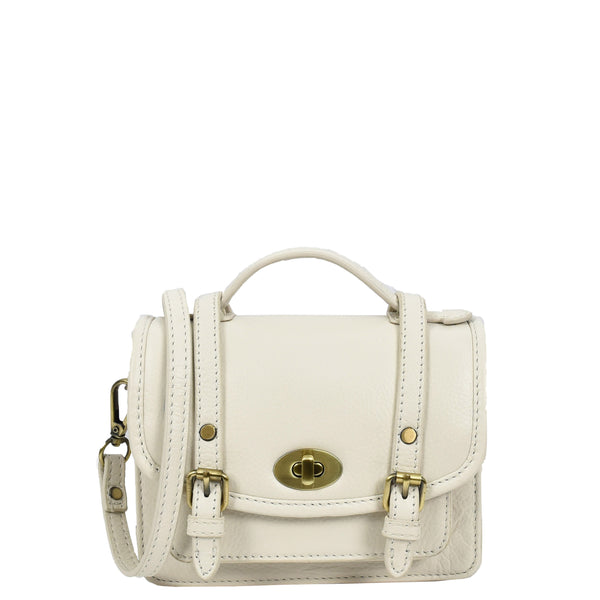 house of leather Womens Classic Mini Satchel Handbag Leather Crossbody Purse with Turn-Lock Closure Pipin Off White