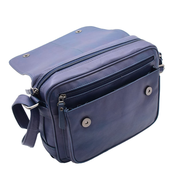 House Of Leather Womens Cross Body Real Leather Messenger Bag Flap Over Organiser HOL325 Navy
