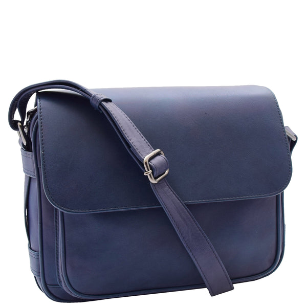 house of leather Womens Cross Body Real Leather Messenger Bag Flap Over Organiser HOL325 Navy