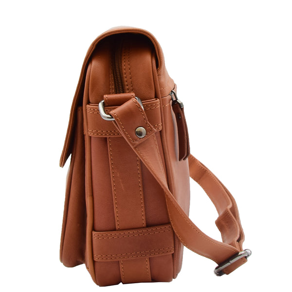 House Of Leather Womens Cross Body Real Leather Messenger Bag Flap Over Organiser HOL325 Cognac