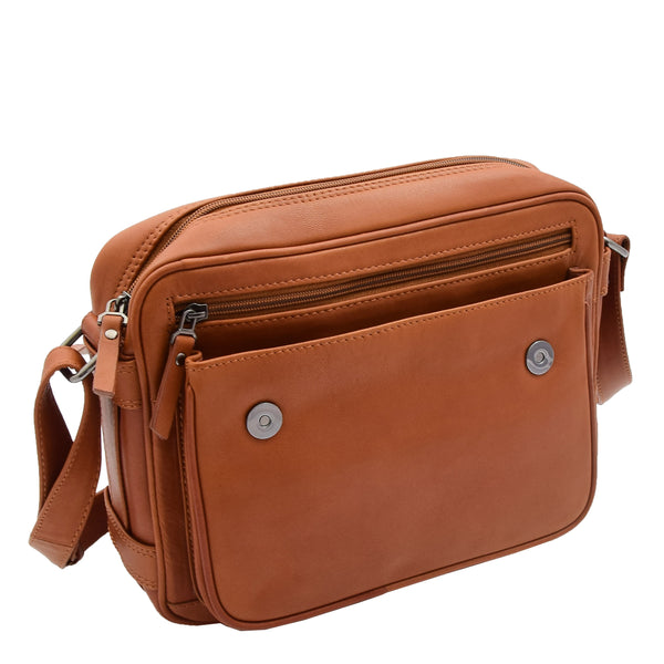 House Of Leather Womens Cross Body Real Leather Messenger Bag Flap Over Organiser HOL325 Cognac