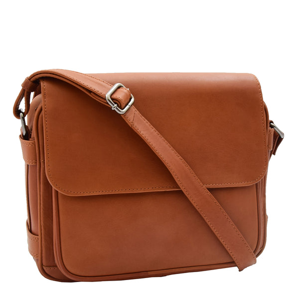 house of leather Womens Cross Body Real Leather Messenger Bag Flap Over Organiser HOL325 Cognac