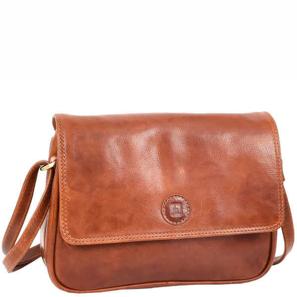 House Of Leather Womens Cross Body Real Leather Messenger Bag Flap HOL7002 Cognac
