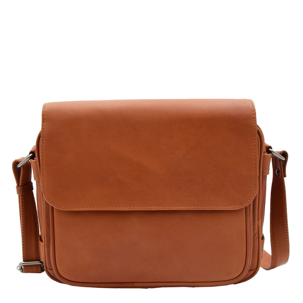 House Of Leather Womens Cross Body Real Leather Messenger Bag Flap Over Organiser HOL325 Cognac