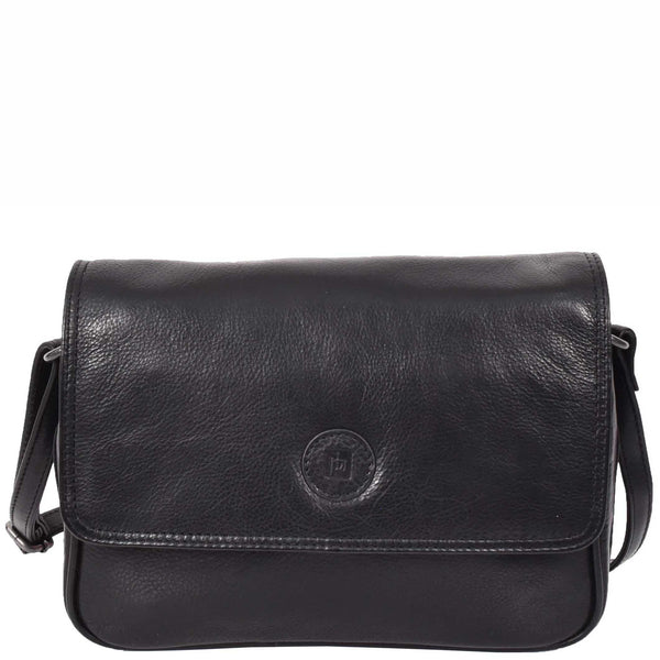 House Of Leather Womens Cross Body Real Leather Messenger Bag Flap HOL7002 Black