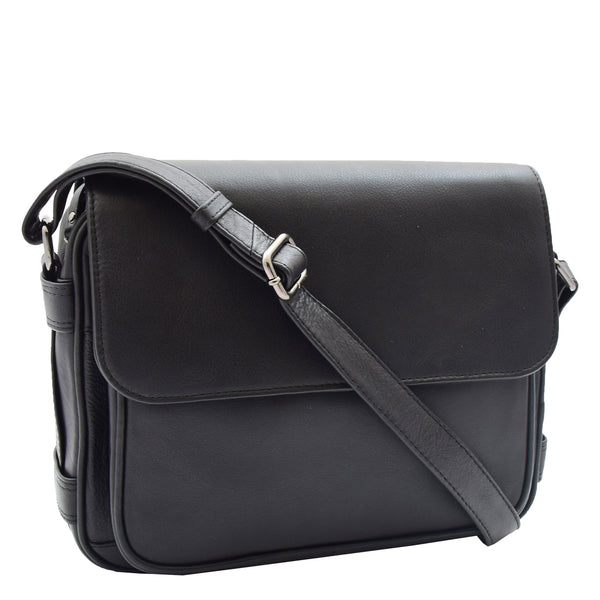 house of leather Womens Cross Body Real Leather Messenger Bag Flap Over Organiser HOL325 Black