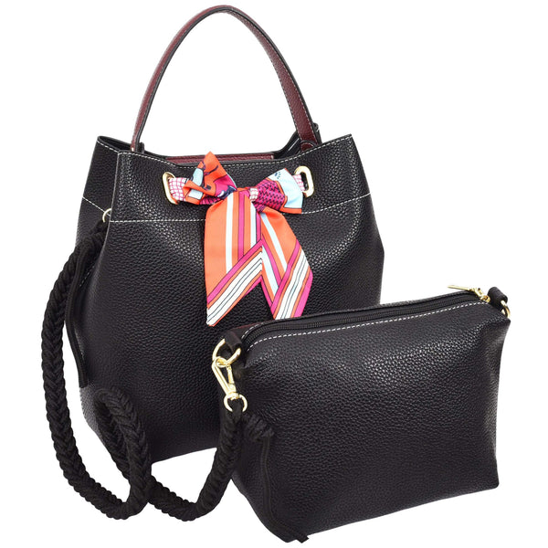 House Of Leather Womens Faux Leather Large Tote With Cosmetics Bag Willow Black