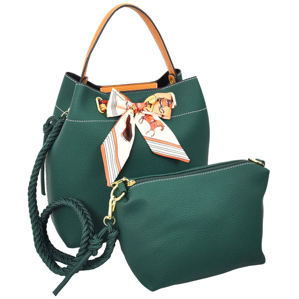 House Of Leather Womens Faux Leather Large Tote With Cosmetics Bag Willow Green