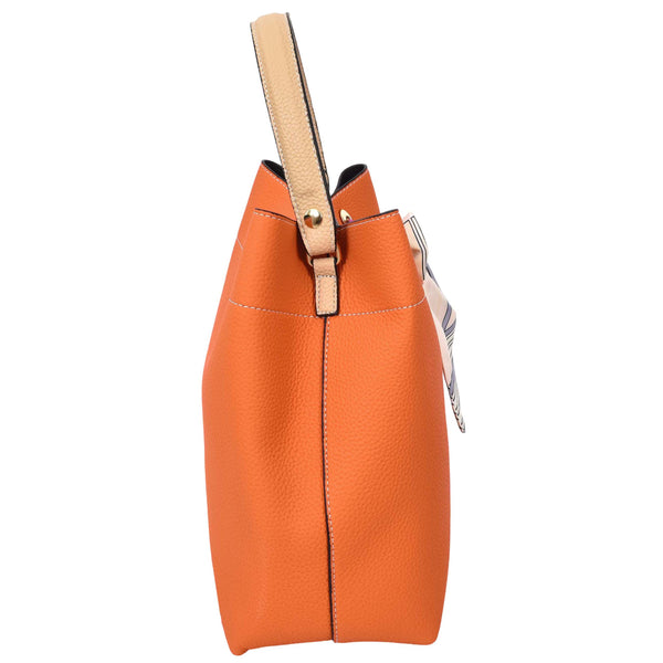 House Of Leather Womens Faux Leather Large Tote With Cosmetics Bag Willow Orange