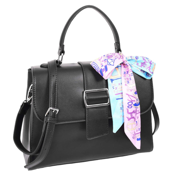 House Of Leather Womens Faux Leather Satchel Style Handbag Harper Black