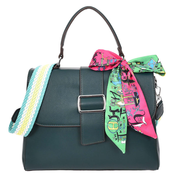 house of leather Womens Faux Leather Satchel Style Handbag Harper Green