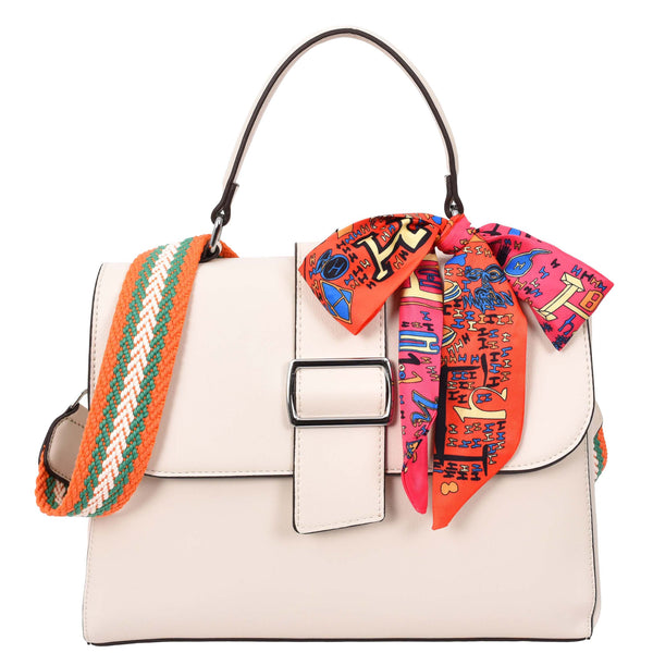 house of leather Womens Faux Leather Satchel Style Handbag Harper White