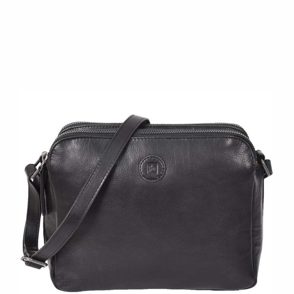 house of leather Womens Genuine Leather Cross Body Bag Double Zipper SICYON Black