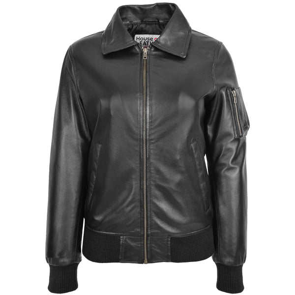 House Of Leather Womens Leather Bomber Jacket Removable Collar Thea Black