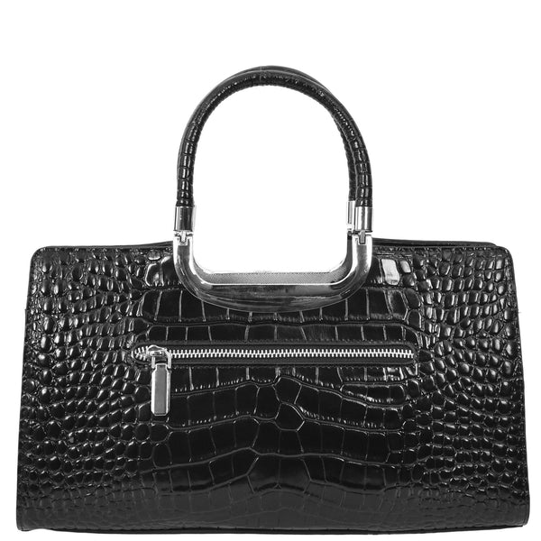 House Of Leather Womens Leather Croc Print Handbag Madeline Black