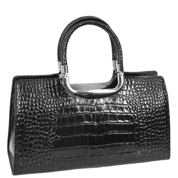 House Of Leather Womens Leather Croc Print Handbag Madeline Black
