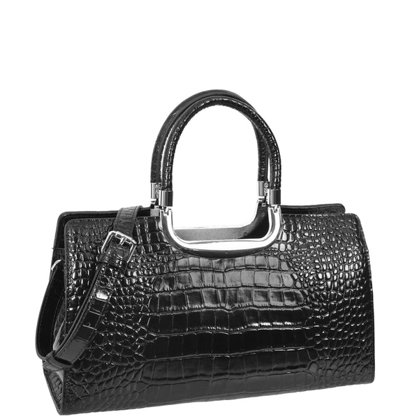 house of leather Womens Leather Croc Print Handbag Madeline Black