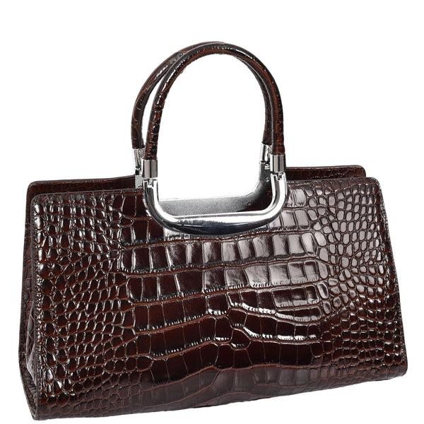 House Of Leather Womens Leather Croc Print Handbag Madeline Brown