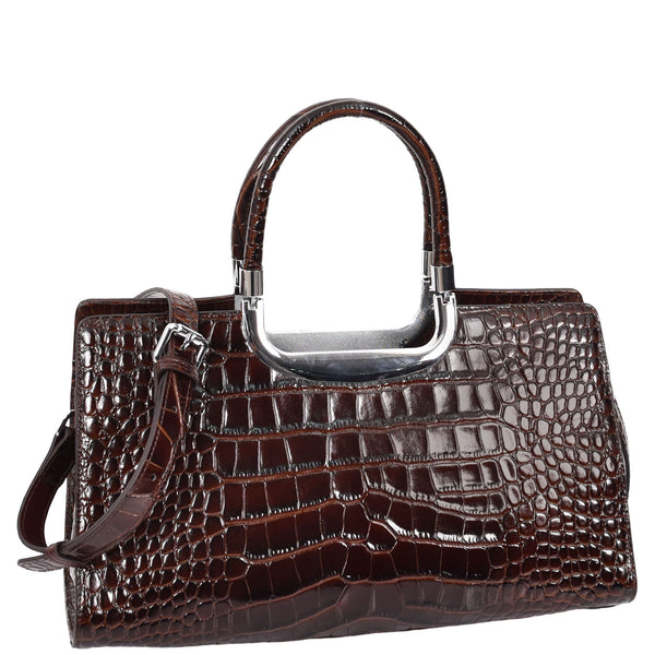 house of leather Womens Leather Croc Print Handbag Madeline Brown