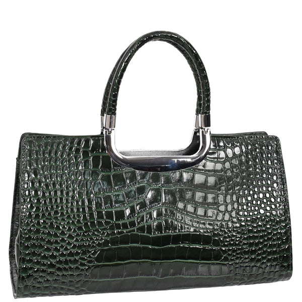 House Of Leather Womens Leather Croc Print Handbag Madeline Green