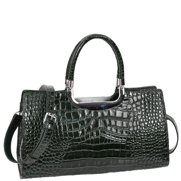 house of leather Womens Leather Croc Print Handbag Madeline Green