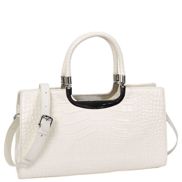 house of leather Womens Leather Croc Print Handbag Madeline White