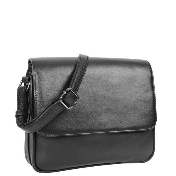 house of leather Womens Leather Cross Body Bag Casual Flap over Organiser HOL324 Black