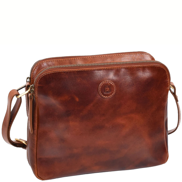 House Of Leather Womens Leather Cross Body Bag Double Zipper SICYON Cognac