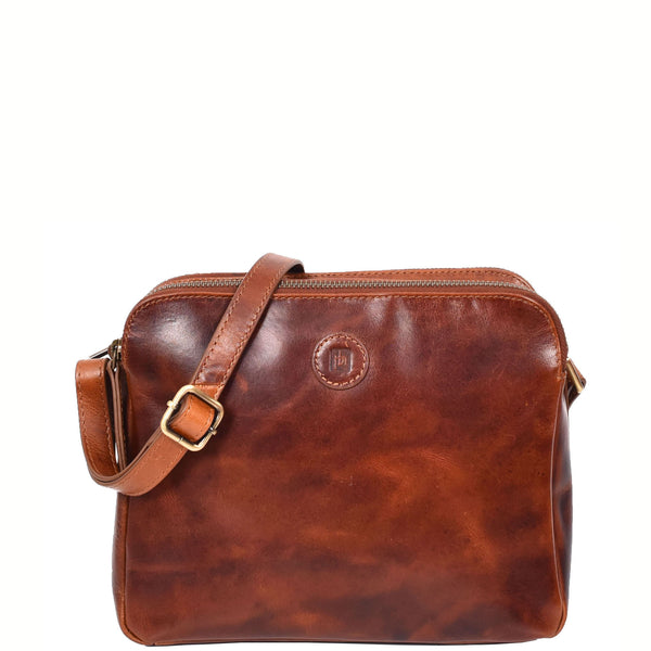 house of leather Womens Leather Cross Body Bag Double Zipper SICYON Cognac