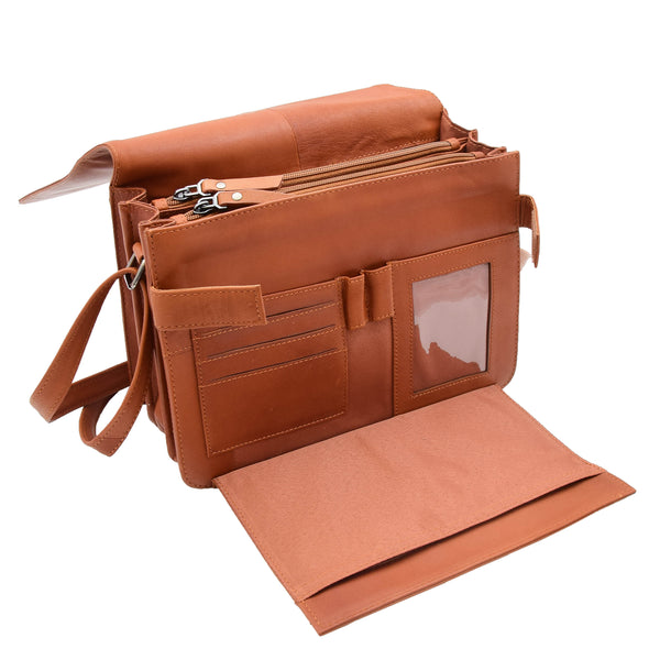 House Of Leather Womens Leather Cross Body Bag Flap Over Messenger Office Organiser HOL323 Cognac