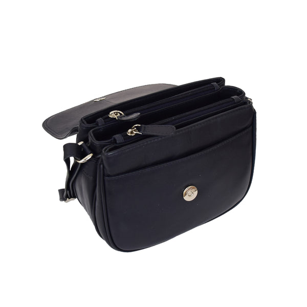 House Of Leather Womens Leather Cross Body Flap Over Bag Athena Navy