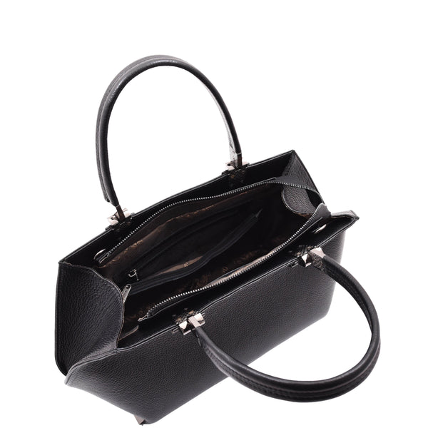 House Of Leather Womens Leather Handbag Classic Zip Opening Large Shoulder Bag Mary Black